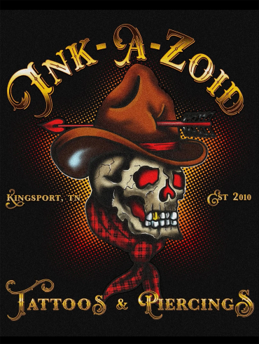 Howdy! Tattoo parlor logo featuring a skull with a hat and arrow.