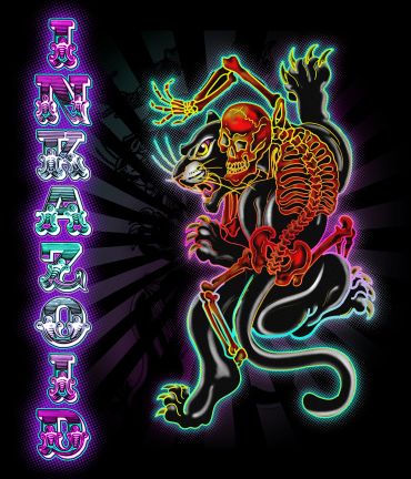 Neon tattoo design of a skeleton and panther. inkazoid
