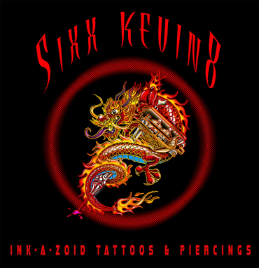 Colorful fiery dragon logo with 'SIXX KEVIN8' and tattoo studio text.