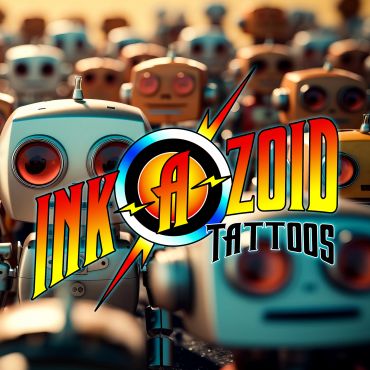 Retro robots with vibrant "INK AZOID TATTOOS" text overlay.