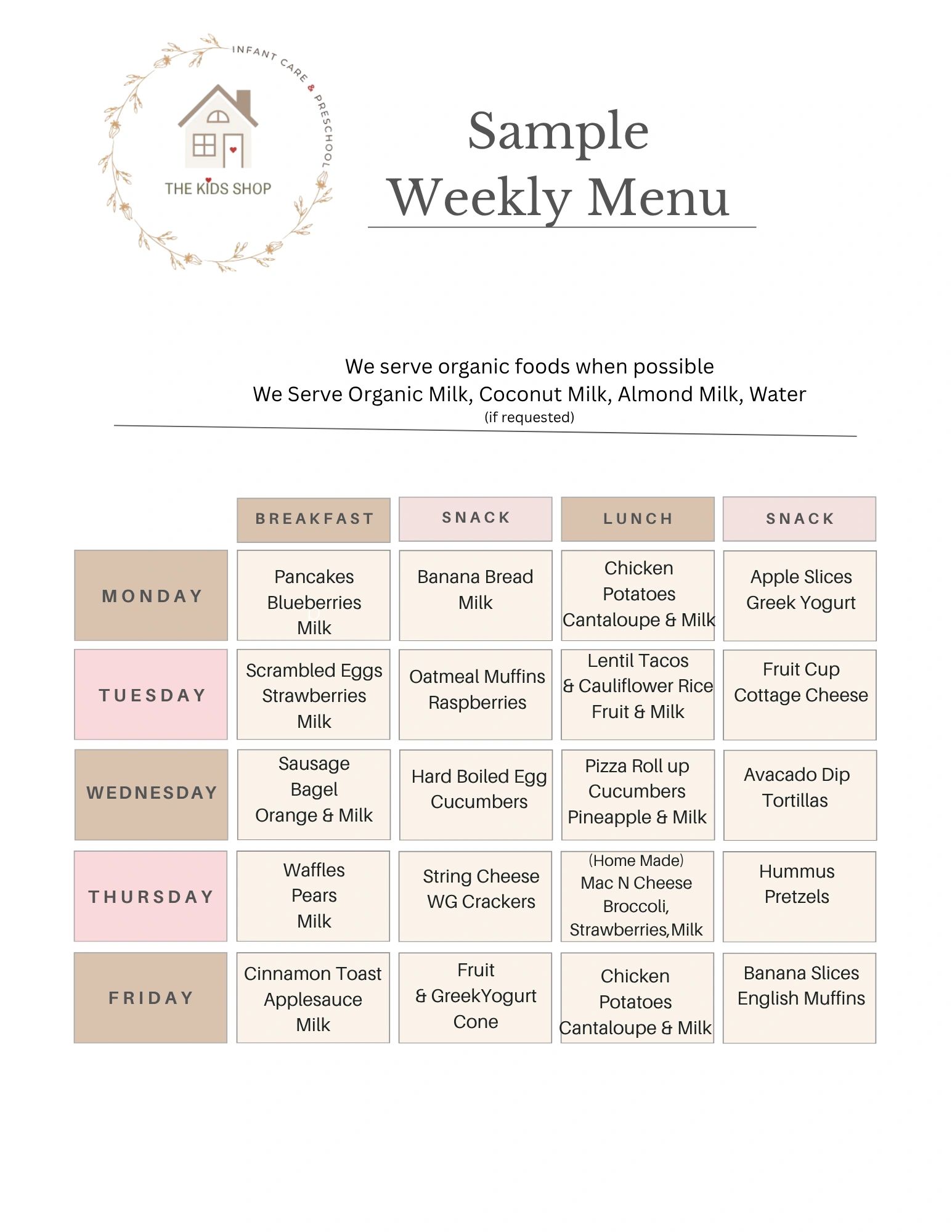 Weekly organic meal menu for infants and preschoolers at The Kids Shop.