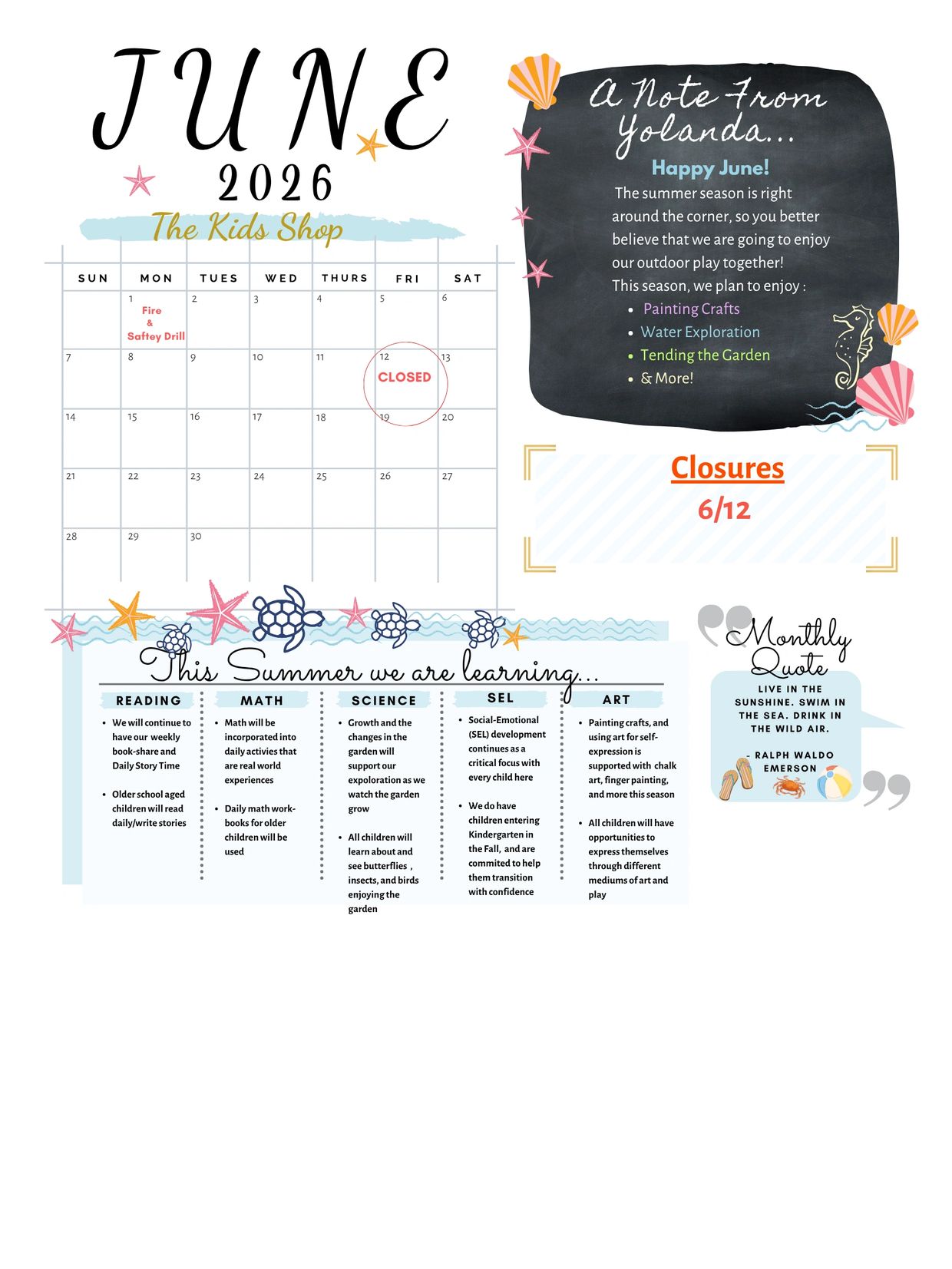 June 2026 calendar for The Kids Shop with activities, closures, and a summer learning plan.