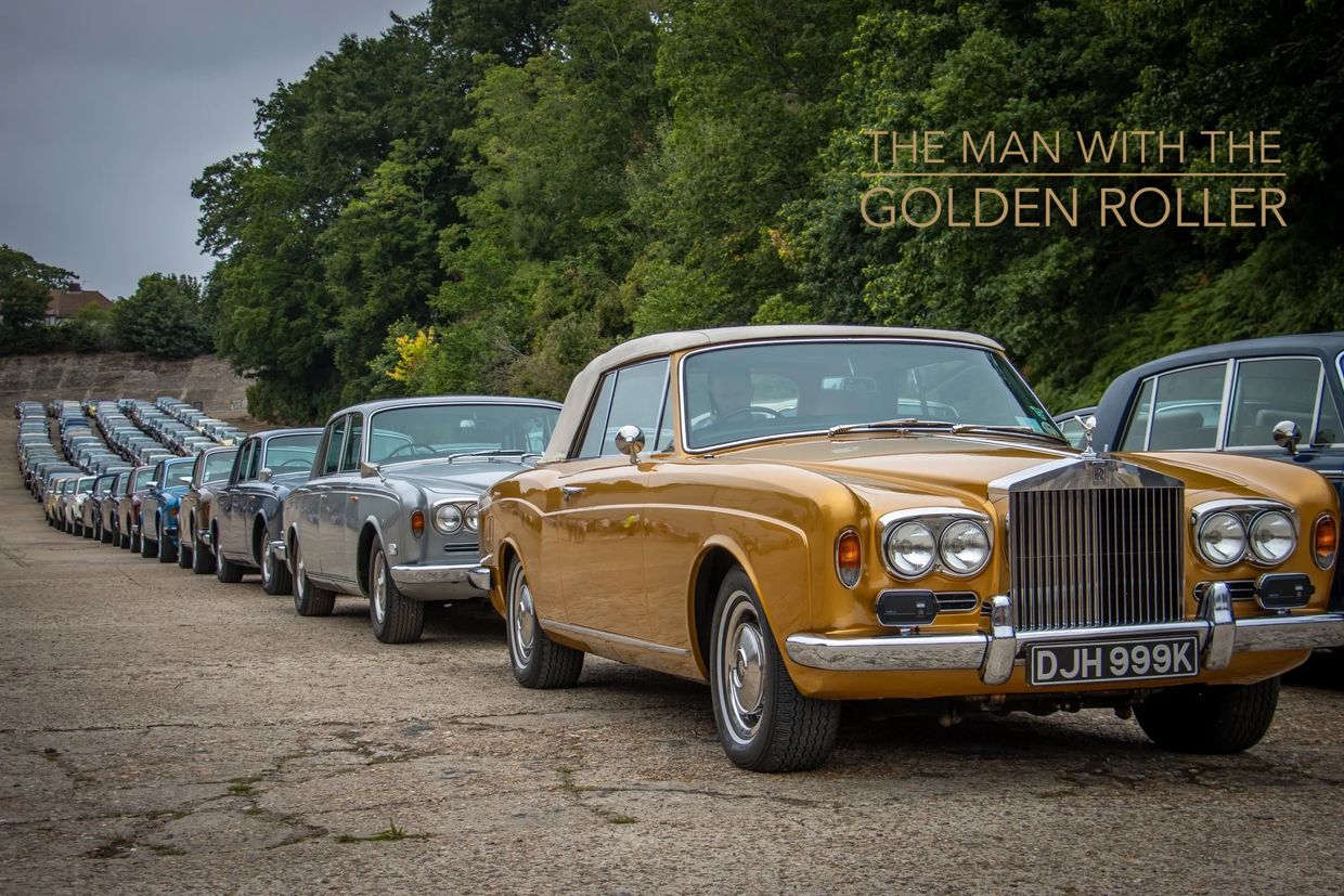 174 Rolls-Royce and Bentley cars lined up on Brooklands historic finishing straight.