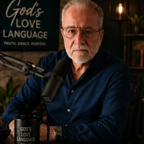 Older man speaking into a microphone with a 'God's Love Language' sign behind.