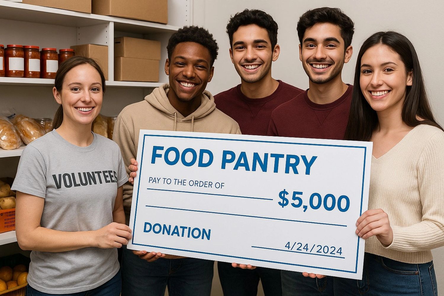 Volunteers smiling and holding a $5,000 donation check for a food pantry.