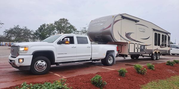 pickup towing a motorhome