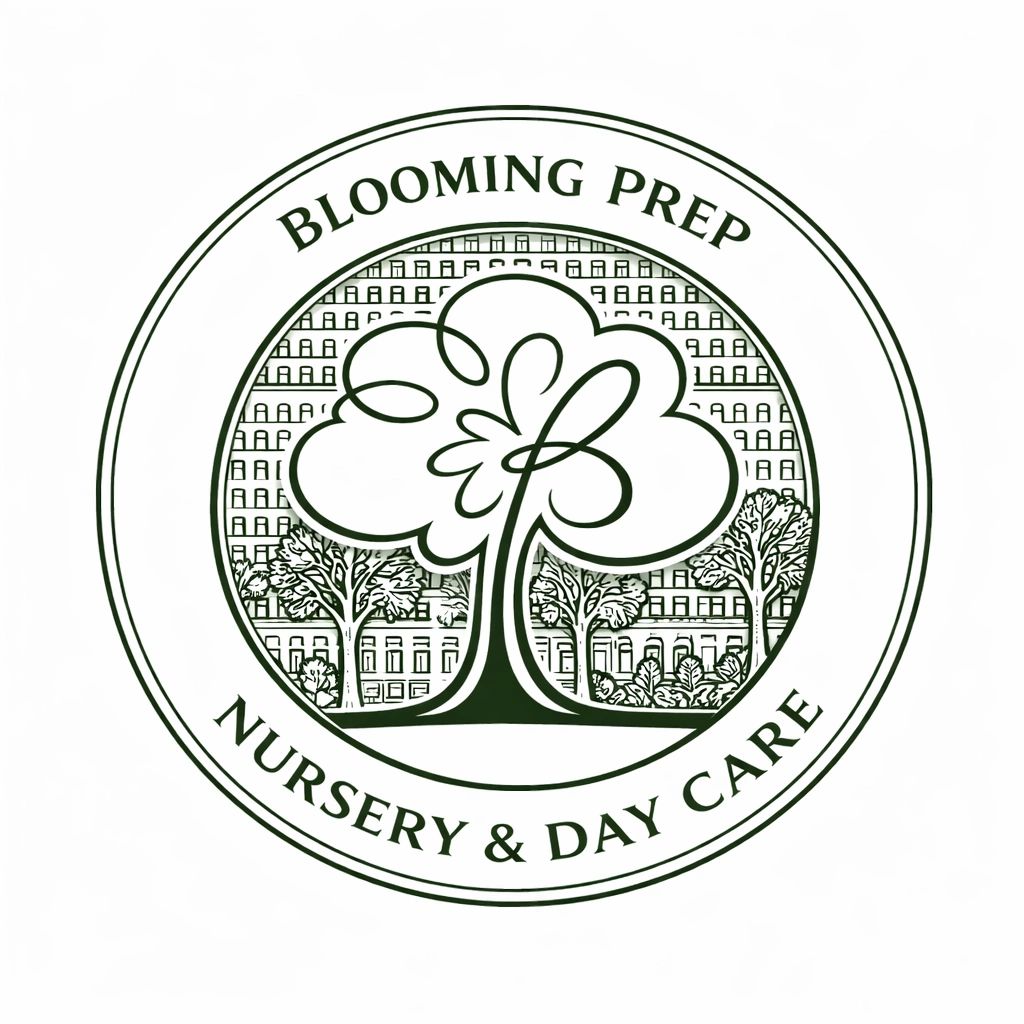 Logo for Blooming Prep Nursery & Day Care featuring a stylized tree and urban background.