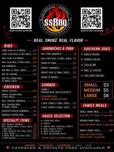 SSBBQ menu featuring ribs, chicken, sandwiches, sides, sauces, combos, and family meals with prices.