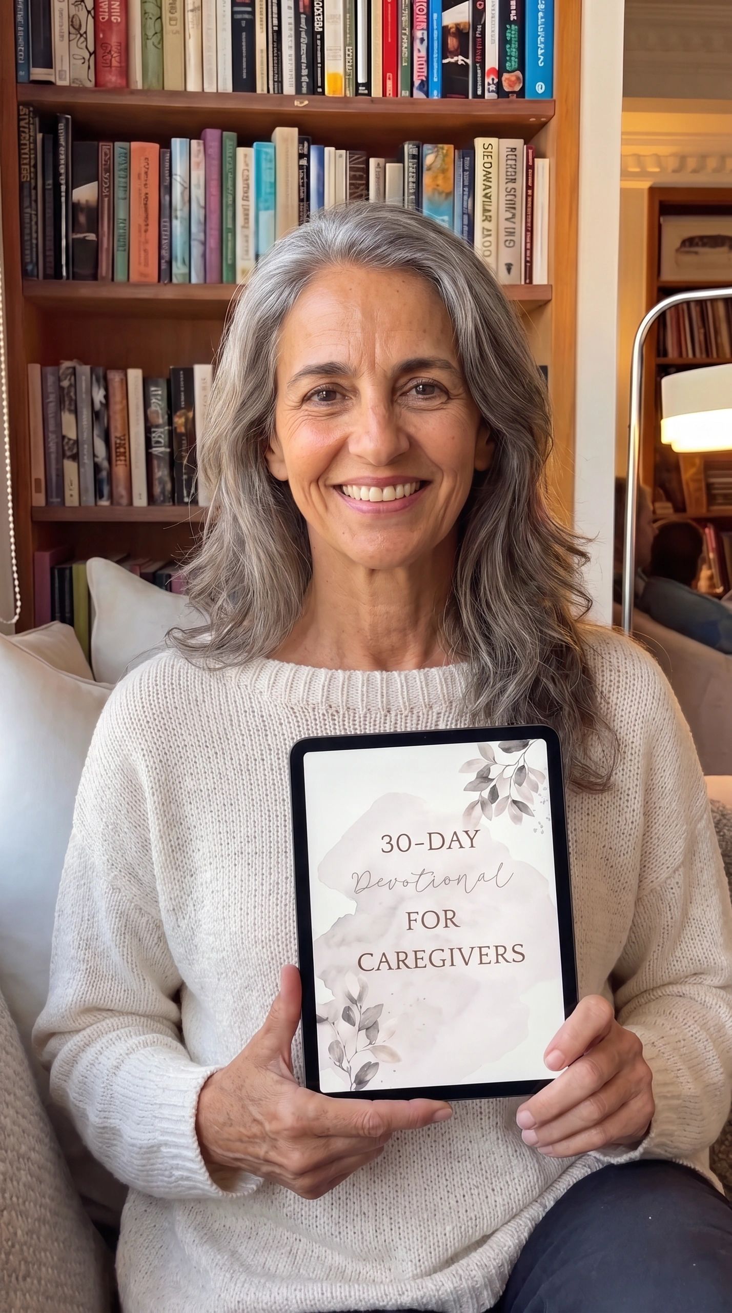 A woman holding a tablet promoting the 30-day devotional available for digital download.