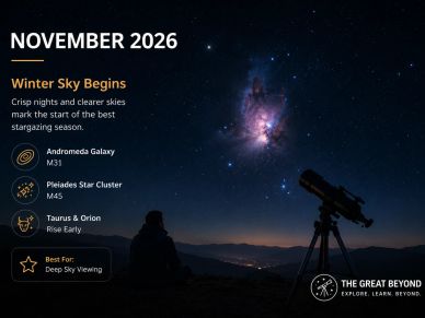 Night sky in November 2026 with stargazing highlights and a telescope setup.