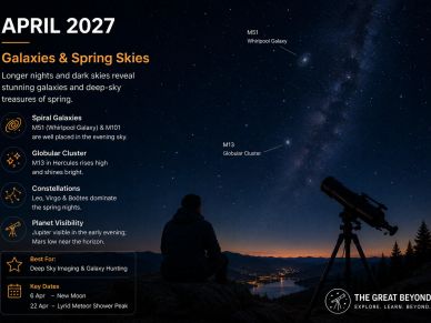 April 2027 sky guide highlights galaxies, clusters, and constellations for spring nights.
