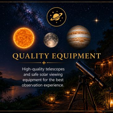 High-quality telescopes and solar viewing equipment under a starry night.