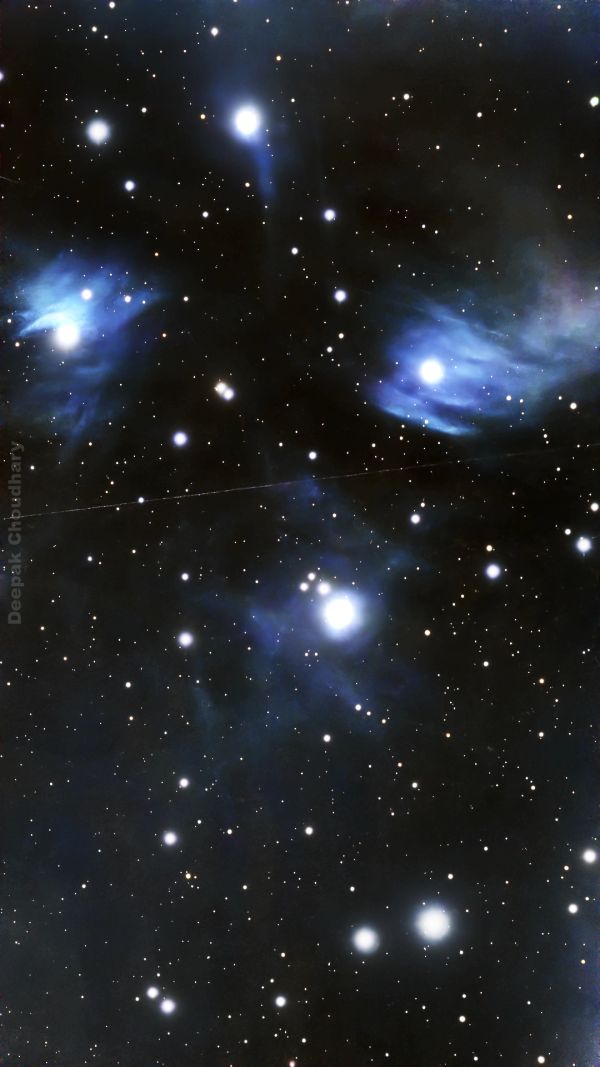 Bright stars with blue nebula clouds in space.