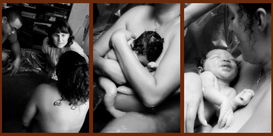 Black and white photos capturing a water birth with family support and newborn bonding.