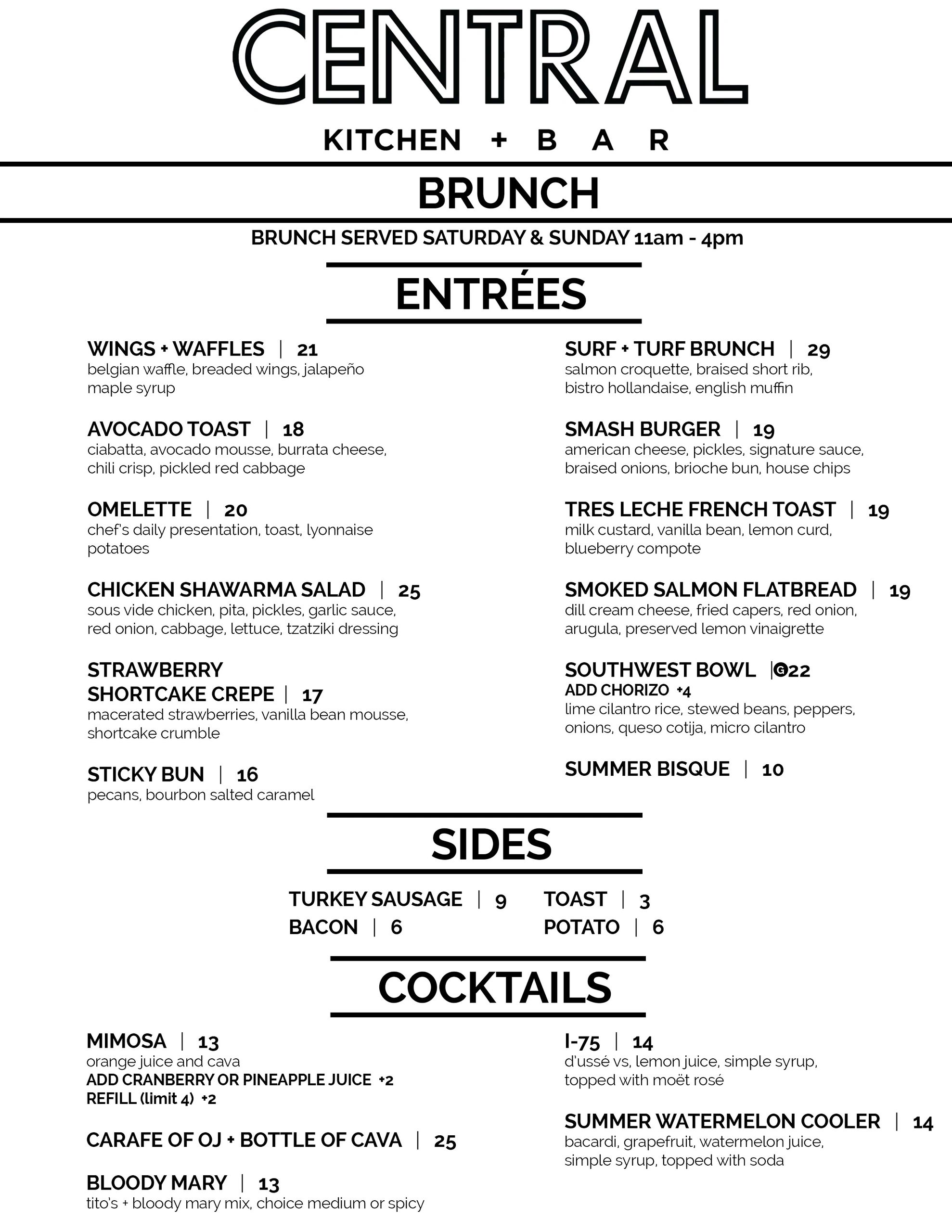 Brunch menu with entrees, sides, and cocktails at Central Kitchen + Bar.