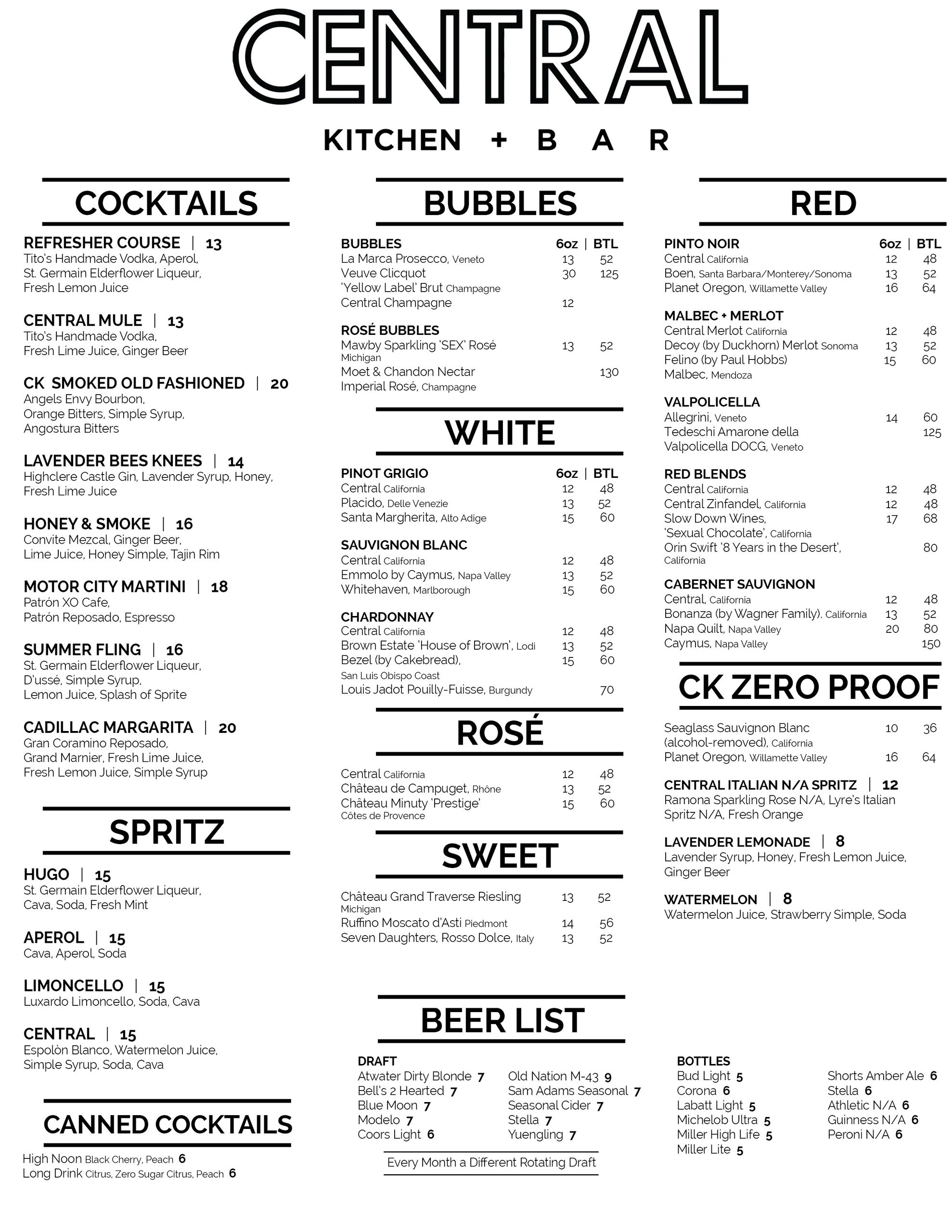 Central Kitchen + Bar drink menu with cocktails, bubbles, wines, and beers.