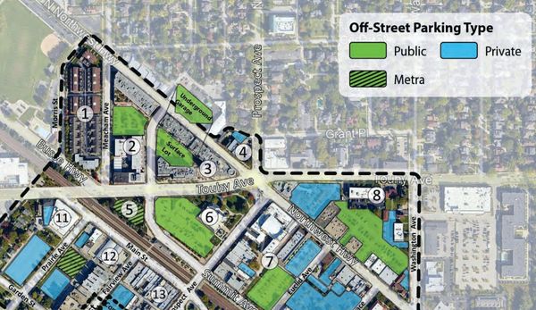 Map showing public, private, and metra off-street parking areas in a neighborhood.