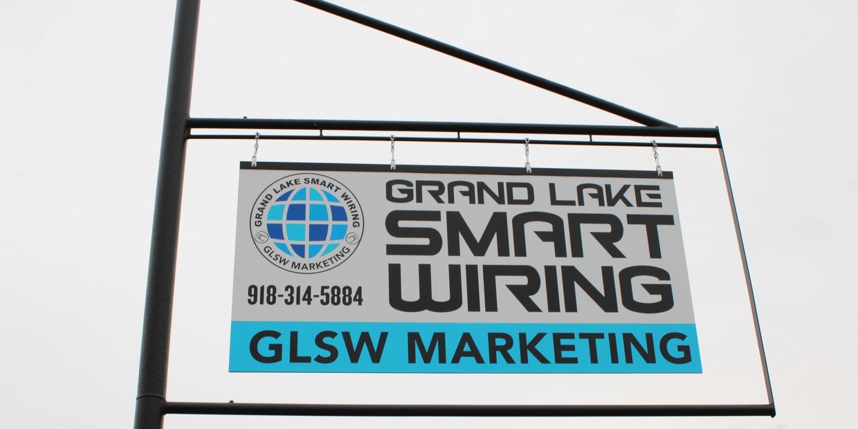 Sign for Grand Lake Smart Wiring and GLSW Marketing with contact number.