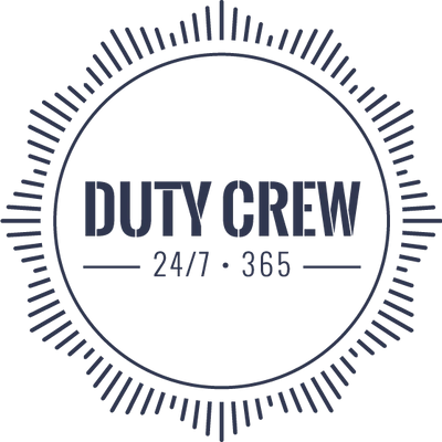 Emblem with 'DUTY CREW 24/7 - 365' text surrounded by decorative circular lines.