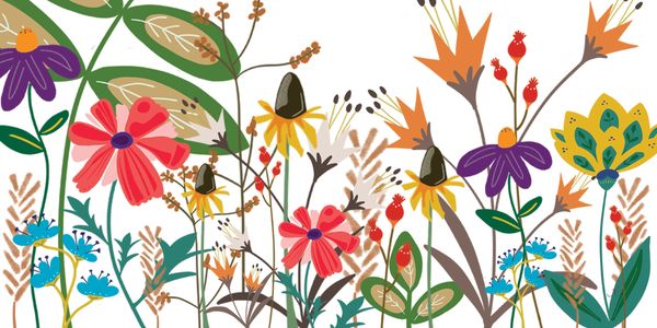 Colorful vibrant floral pattern with assorted flowers and leaves.