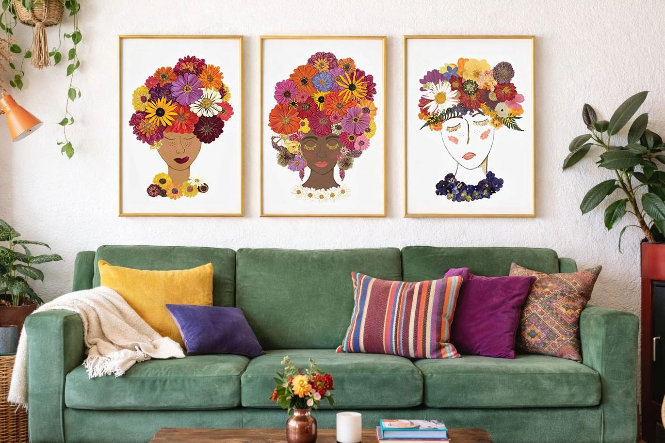 Cozy living room with green sofa and floral art portraits.