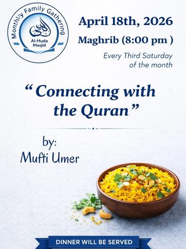 Flyer for family gathering on April 18, 2026, with Quran talk and dinner.
