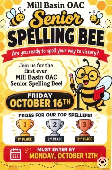 Poster for Mill Basin OAC Senior Spelling Bee on October 16th.