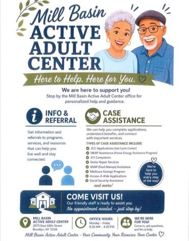 Flyer for Mill Basin Active Adult Center offering support and assistance.