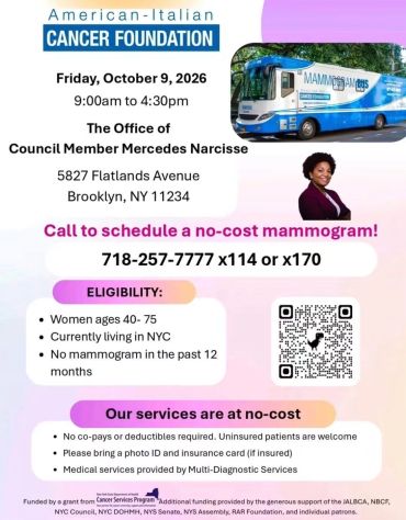 Flyer for no-cost mammogram event in Brooklyn on October 9, 2026.