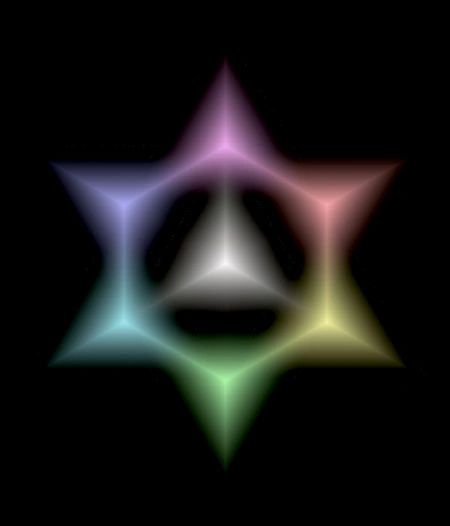 Glowing six-pointed star with a colorful gradient on a black background.