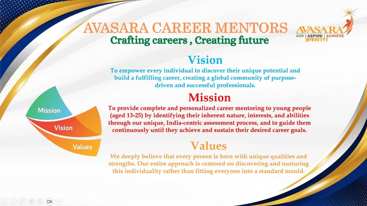 Avasara Career Mentors outlining their vision, mission, and values for career guidance.