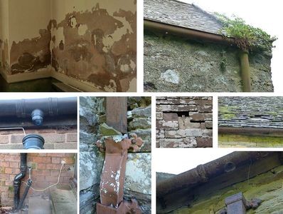 Collage of damaged walls and gutters showing wear and decay.