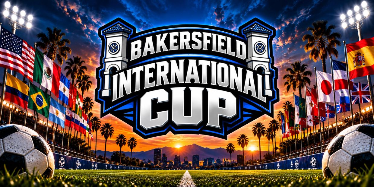 Bakersfield International Cup soccer event with flags and sunset.