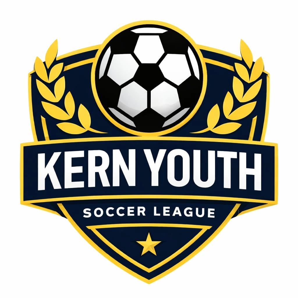 Logo of Kern Youth Soccer League featuring a soccer ball and laurel leaves.