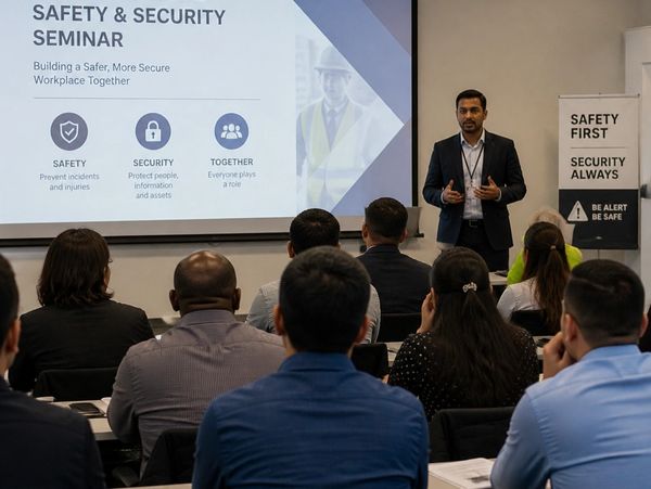 A professional conducts a safety and security seminar for attentive attendees.