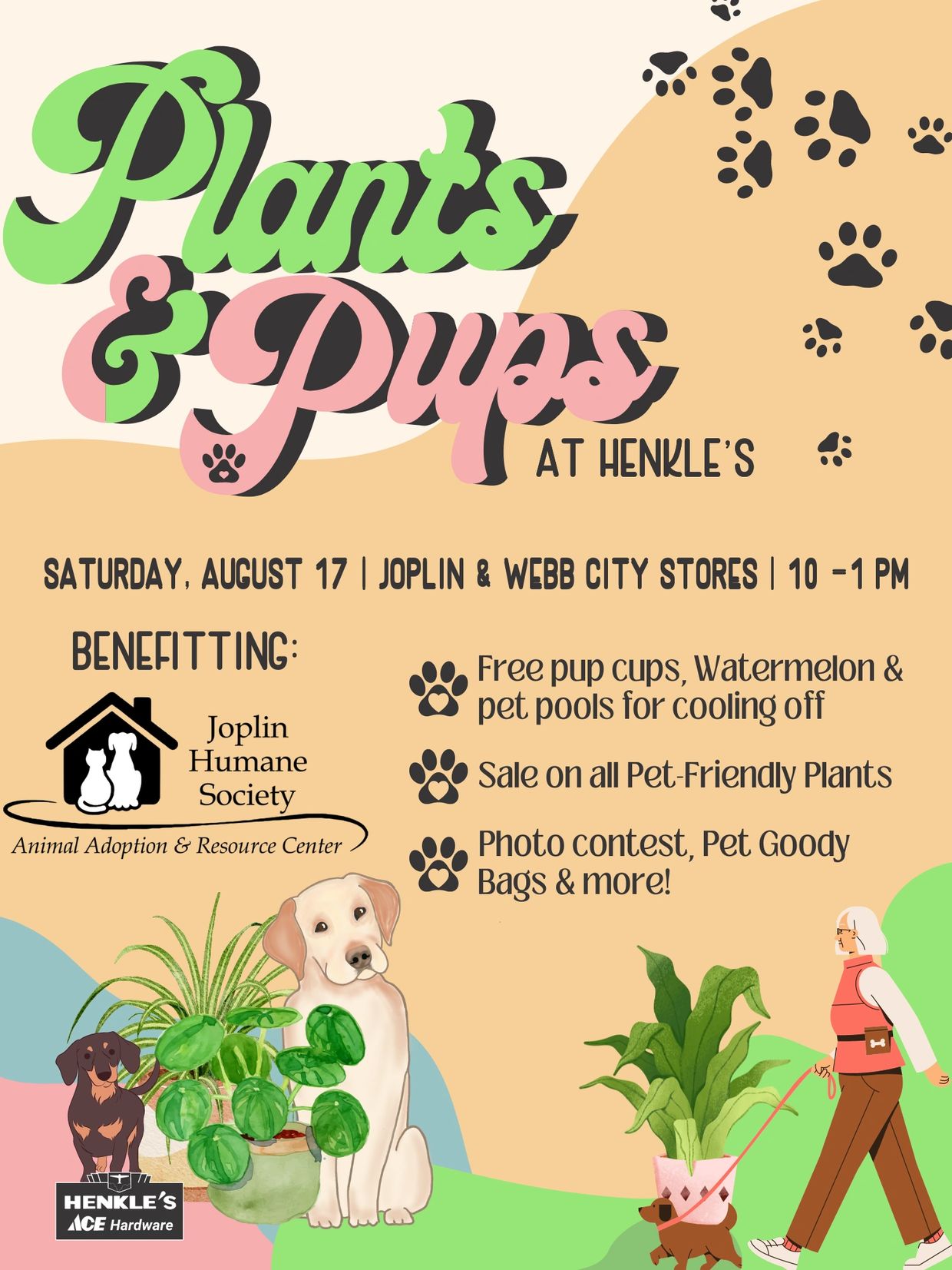 Plants and Pups event flyer at Henkle's in Joplin and Webb City