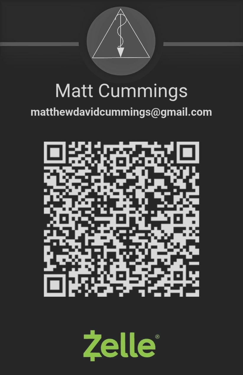 Zelle payment QR code for Matt Cummings with email and logo.