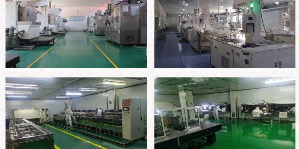 Four images showing different clean and organized industrial manufacturing rooms with machinery.