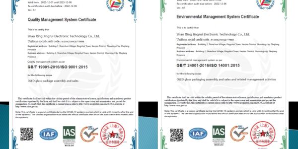 Certificates for Quality and Environmental Management Systems of Shao Xing Jingrui Electronic Technology Co., Ltd.