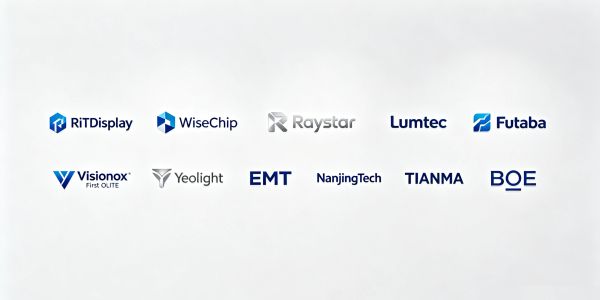 Logos of various technology and display companies on a white background.