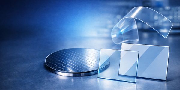 Various transparent and reflective glass or silicon wafers on a blue surface.