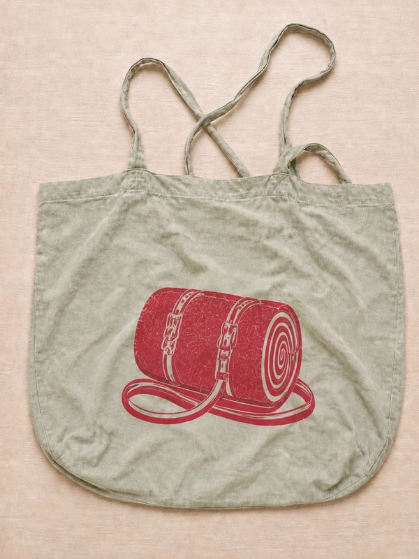 Beige tote bag with red rolled-up sleeping bag print.