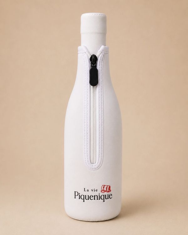 White insulated bottle cover with a zipper and 'La vie Piquenique' branding.