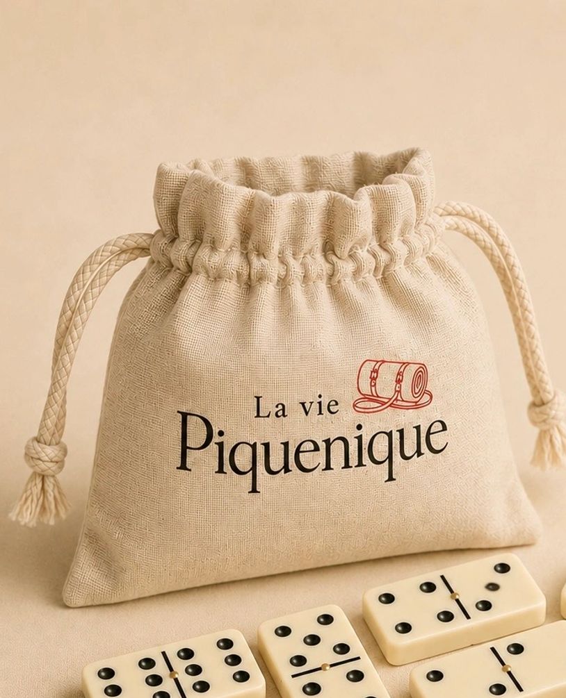 Beige drawstring bag with "La vie Piquenique" text and dominoes.