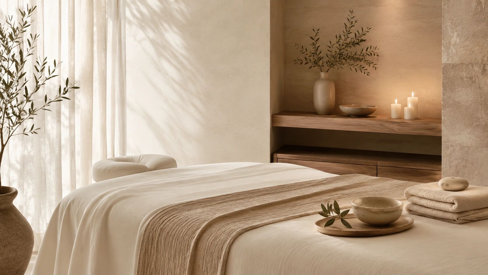 Minimalist spa room with candles and plants.