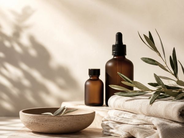 Brown glass bottles with olive branches and towels.