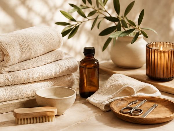 Spa essentials including towels, scissors, and a candle.