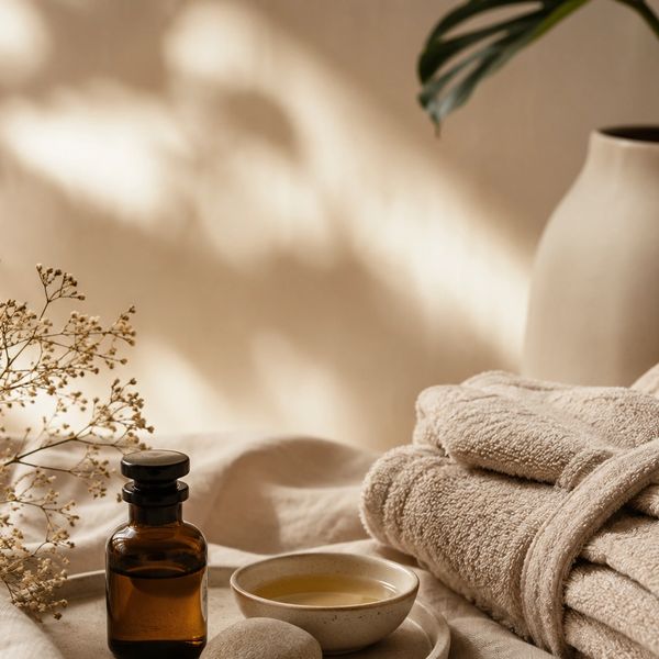 Spa essentials with towels, oil, and a flower.