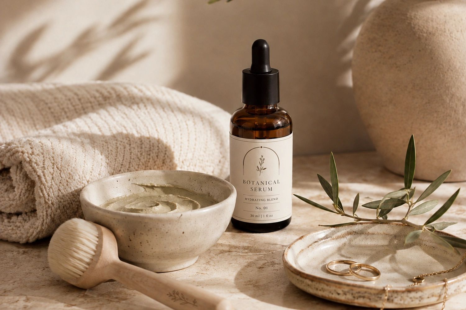 Natural skincare setup with serum and brush.