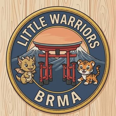 Cute Little Warriors badge with a dragon, tiger, and traditional gate.